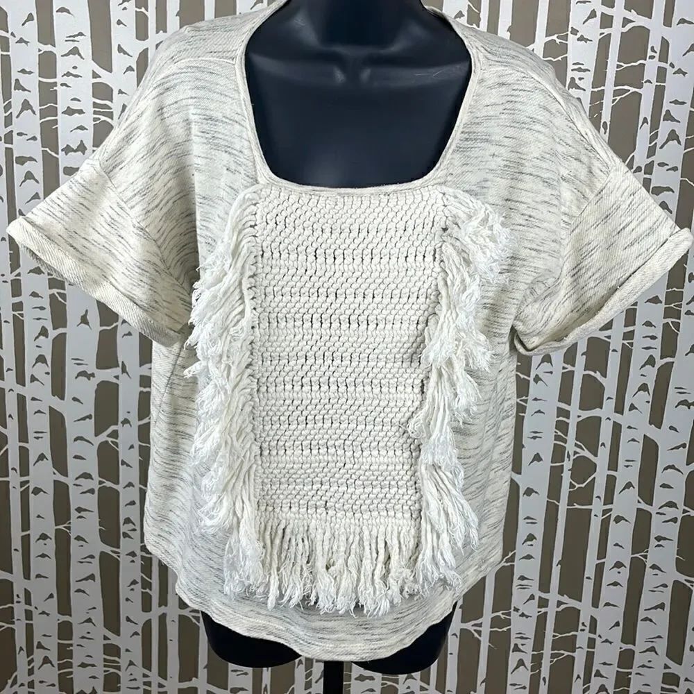 Anthropologie Corey Lynn Calter boho Macrame Fringe French Terry Pullover Top XS